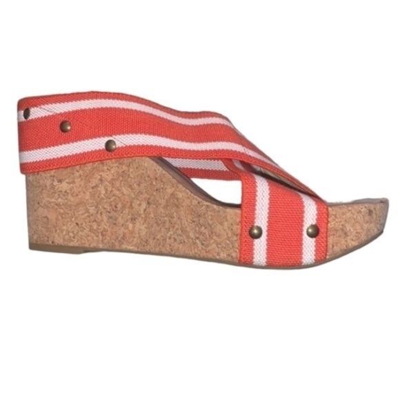 Lucky Brand Miller 2 Ladies Sandal Cork Wedge Heel Orange and White Size 8.5 - Picture 1 of 11